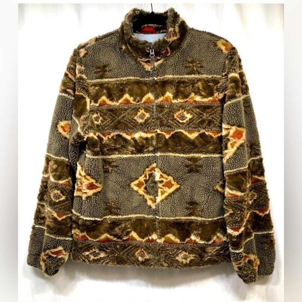 Vintage Woolrich Aztec Teddy Sherpa Faux Fur Full Zip Jacket Coat Womens Medium